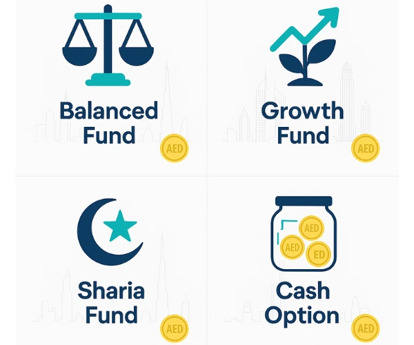 Tiles showing DEWS investment fund choices: Balanced, Growth, Sharia, Cash