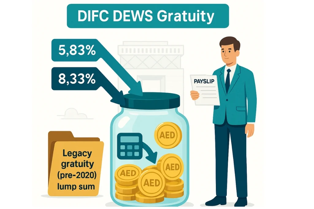 DIFC Gate building with employee and savings jar showing 5.83% and 8.33% contributions