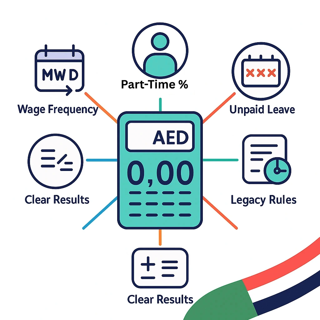 showing unique features of UAE gratuity calculator: wage frequency, part-time, unpaid leave, legacy contracts, and transparent results.