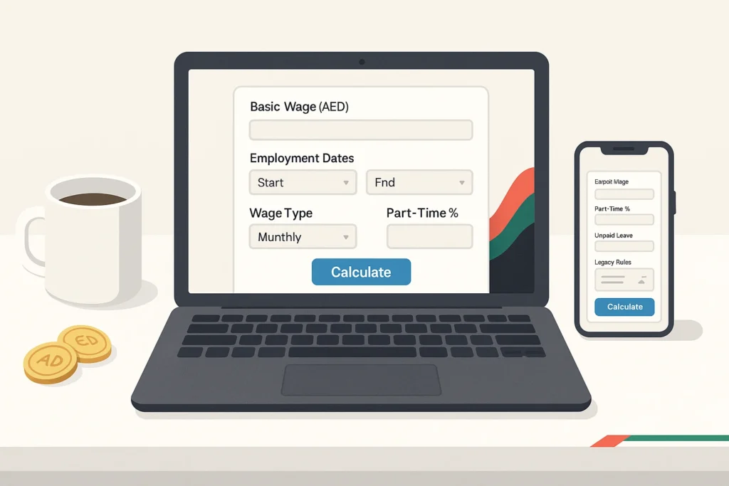 UAE Gratuity Calculator Tutorial SS Fields for salary, dates, wage type, part-time %  Calculate