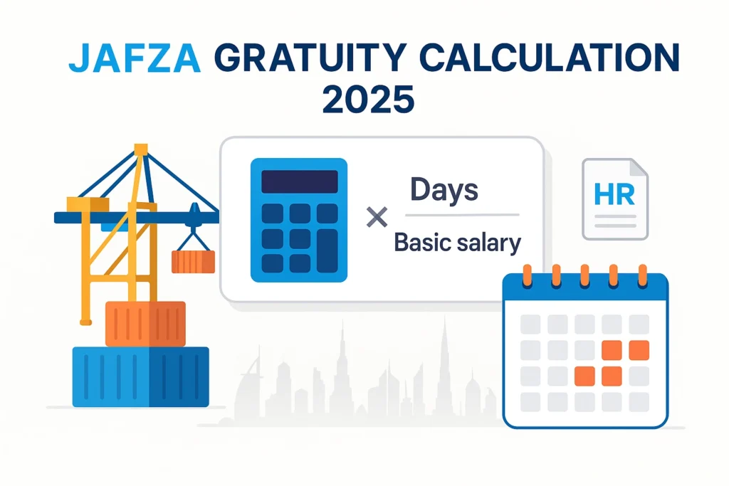 JAFZA Exact Gratuity Calculation 2 Gratuity calculation for Jebel Ali Free Zone employees with related useful references