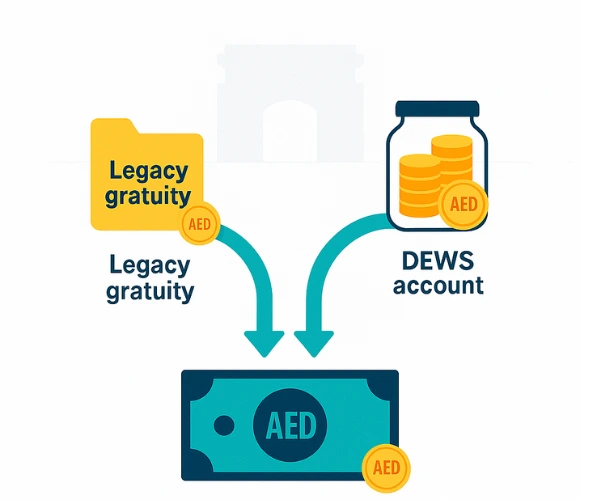 Illustration of legacy gratuity balance and DEWS contributions combined for final settlement in DIFC