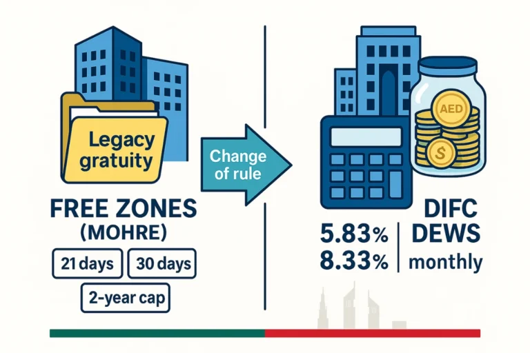 Comparison of DIFC DEWS monthly contributions and MOHRE free zone gratuity formula in 2025
