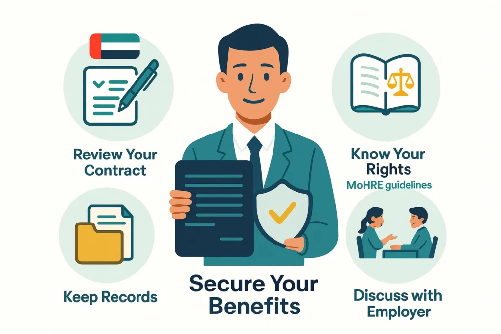 Illustration of securing UAE end-of-service benefits with icons for contract review, MoHRE rights, record keeping, and employer discussion