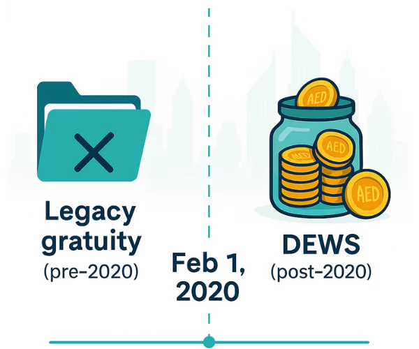 Visual of DIFC DEWS gratuity replacing legacy gratuity system from 2020 onward