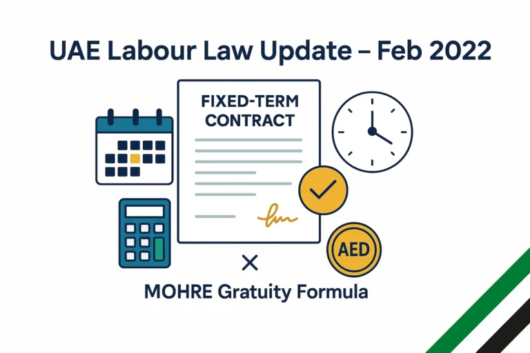UAE Labour Law update February 2022 showing fixed-term contracts, gratuity entitlement after resignation or termination, 14-day payout rule, and MOHRE gratuity formula