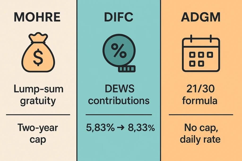 Comparison of end-of-service systems in MOHRE, DIFC and ADGM.