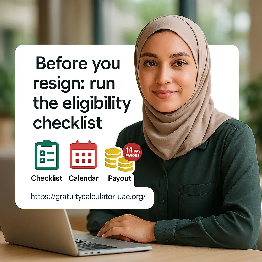 Eligibility checklist CTA for UAE gratuity with clipboard, calendar, and 14-day payout icon.
