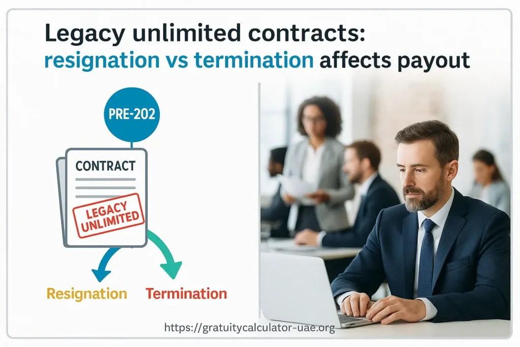 Illustration of legacy unlimited contracts before 2022 with arrows for resignation and termination paths.