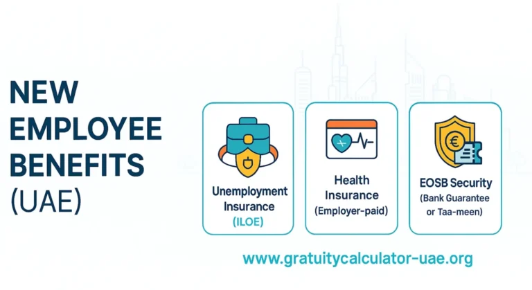 highlighting ILOE, health insurance, and EOSB protections for employees in the UAE.