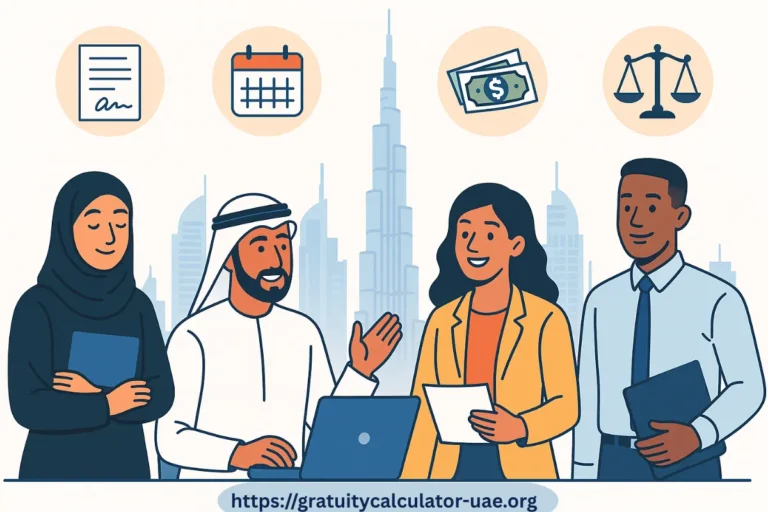 UAE Labour Law 2025 hero illustration with diverse professionals, contracts, salary, and justice icons.