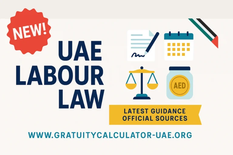 Feature image for UAE labour law 2025 showing NEW badge, icons of contract, calendar, justice scales, and AED coins with site URL