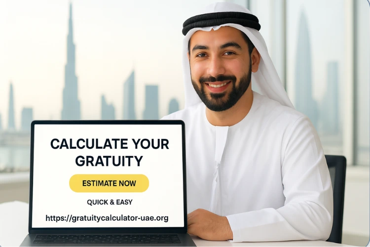 UAE employee showing laptop with calculate your gratuity message.