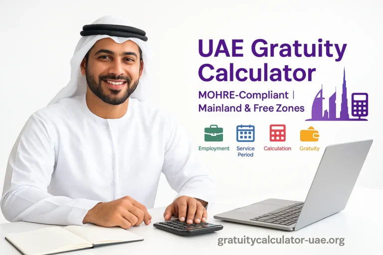 Hero banner showing gratuity calculator UAE with a professional in office and justice icons.