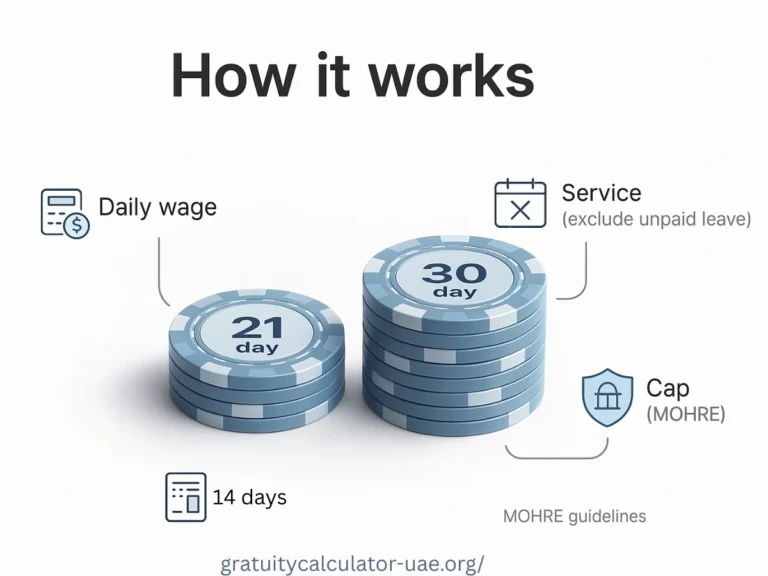 Infographic showing gratuity calculator formula with icons for daily wage, unpaid leave, and MOHRE cap.