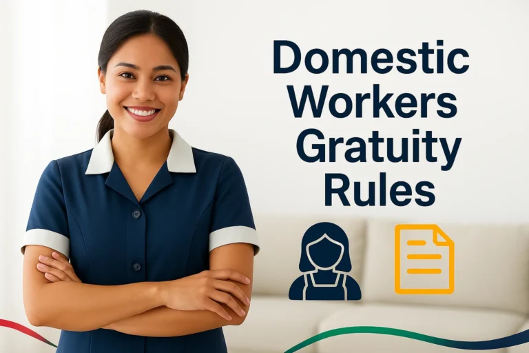 Domestic worker in uniform under “Domestic Workers Gratuity Rules” heading with icons.