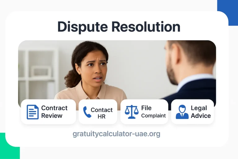 Employee discussing gratuity dispute with HR, showing options for contract review and legal help.