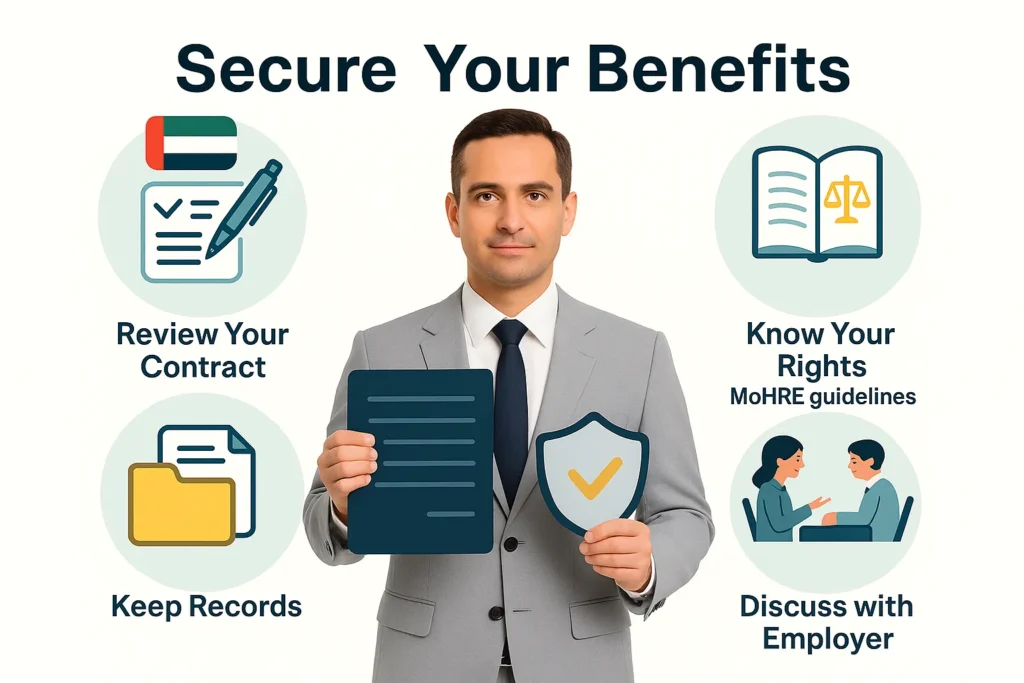Employee holding contract and shield icons, illustrating protection of gratuity rights in UAE.
